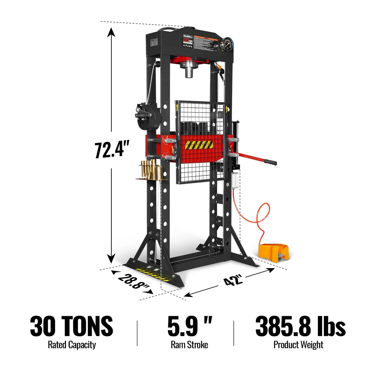30 Ton H-Frame Air/Hydraulic Shop Press with Hand Winch & Press Pin Kit, Fully Welded Steel Frame, Safety Guar - view 2