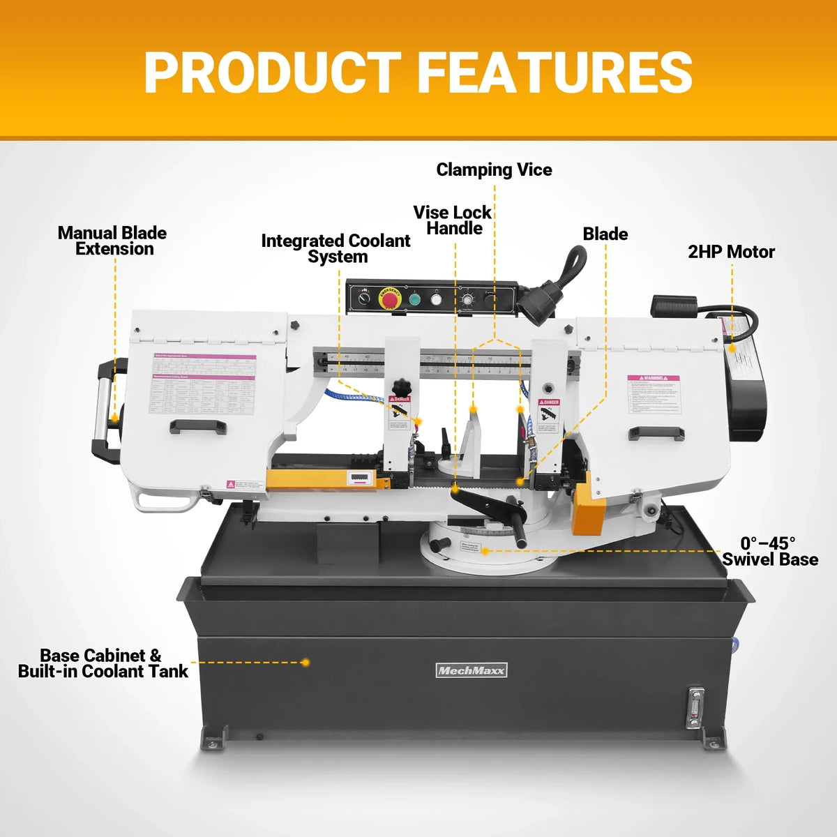 MechMaxx Metal Cutting Band Saw, 10 in Horizontal, 2 HP 220V, 0-45 Degree Mitering, Hydraulic Down Feed, Coola - view 10