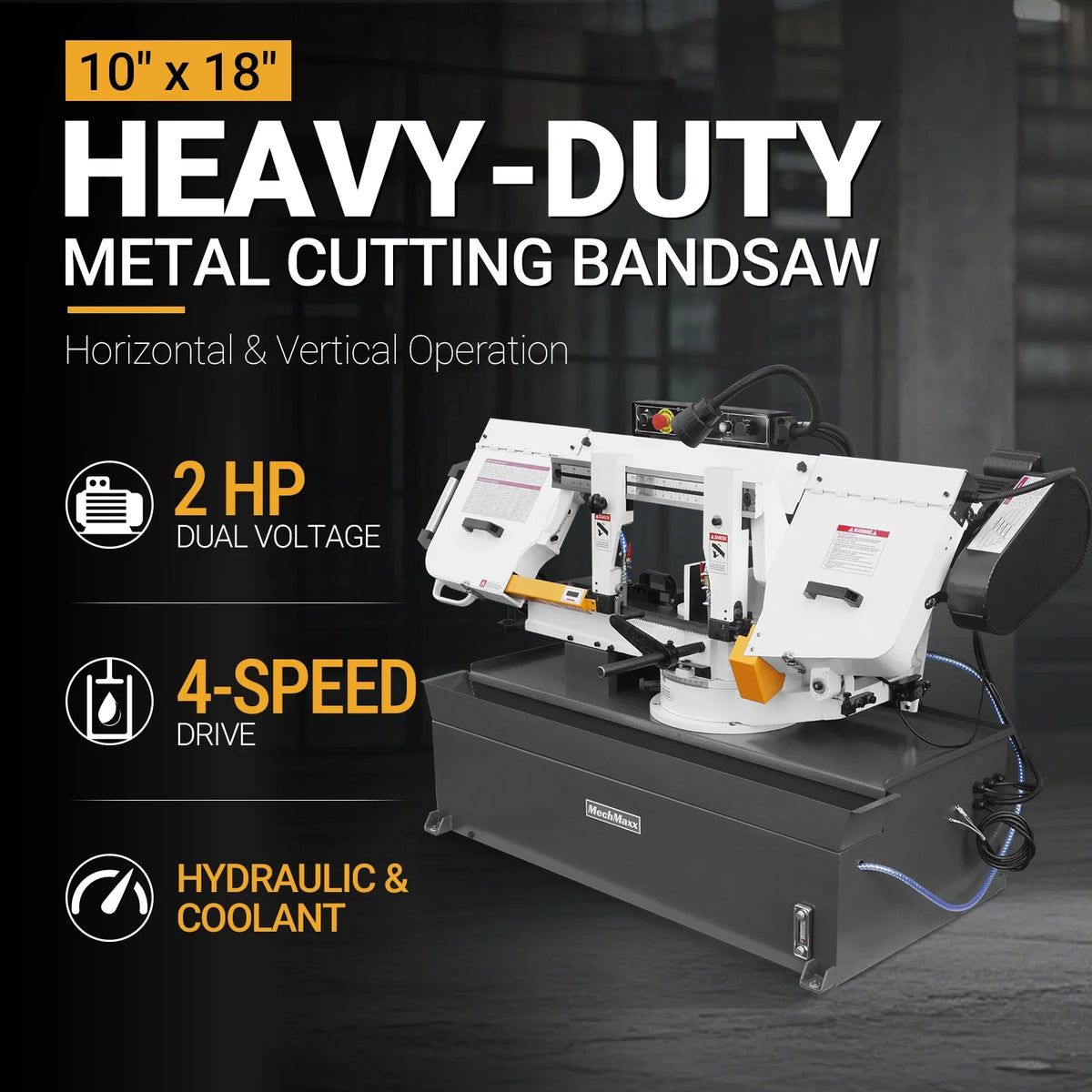 MechMaxx Metal Cutting Band Saw, 10 in Horizontal, 2 HP 220V, 0-45 Degree Mitering, Hydraulic Down Feed, Coola - view 2
