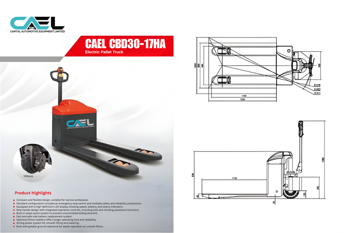 CAEL CBD30 Electric Pallet Truck – 3000 kg (6,600 lb) Capacity