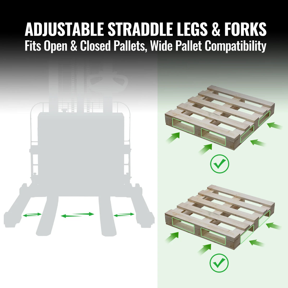 2640lbs Electric Straddle Stacker, 118" Lift, Adjustable Legs & Forks, F26-118SLA - view 9