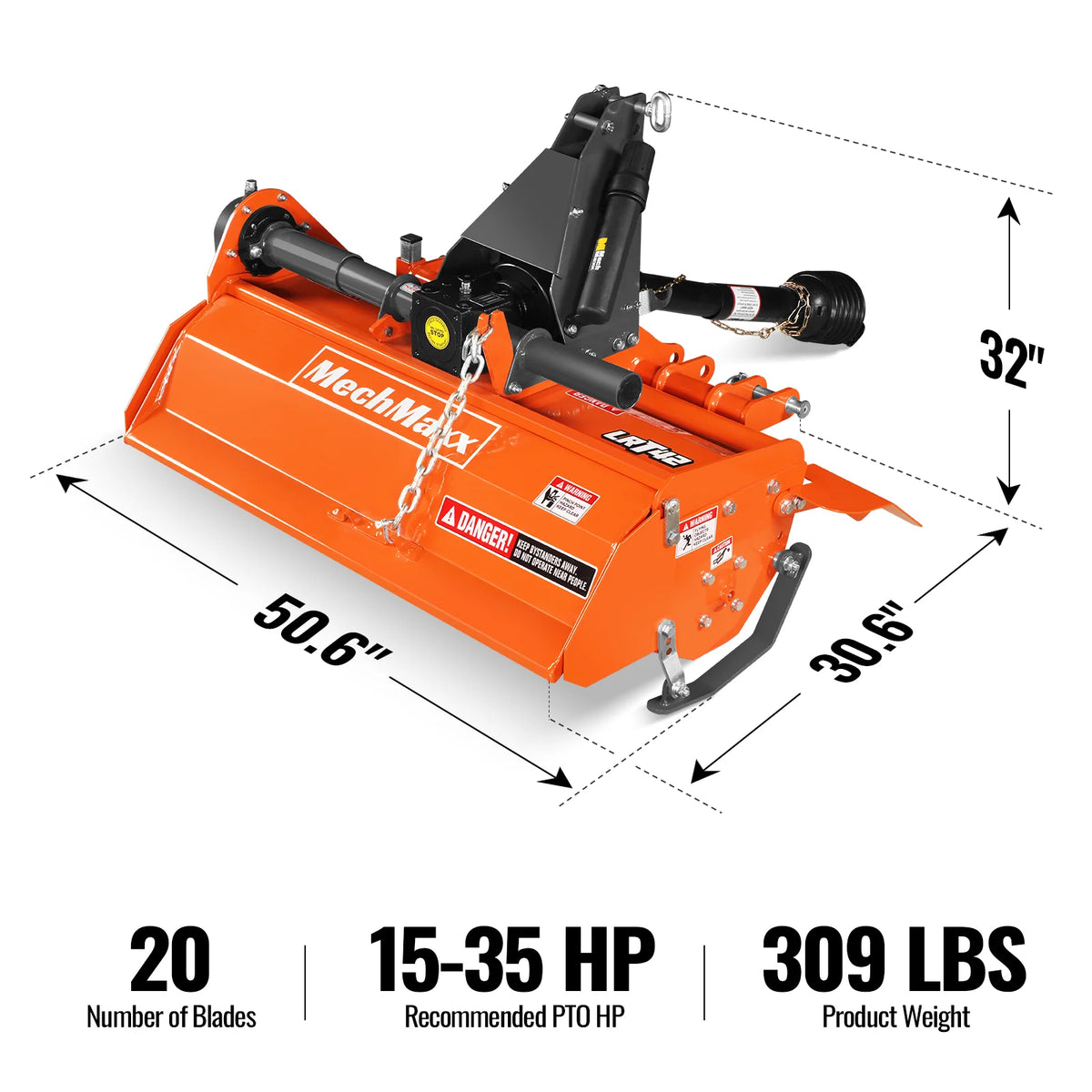 42 in Rotary Tiller, 3 Point Hitch Cat.1, Chain Drive, PTO Shaft Included with Shear Bolt, 15-35 HP, LRT42 - view 2