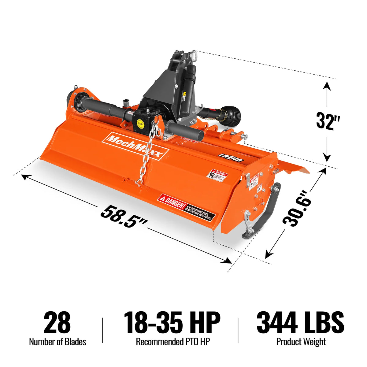 48 in Rotary Tiller, 3 Point Hitch Cat.1, Chain Drive, PTO Shaft Included with Shear Bolt, 18-35 HP, LRT48 - view 2