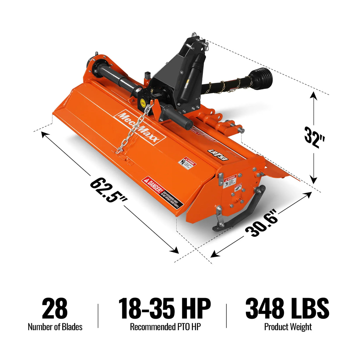 53 in Rotary Tiller, 3 Point Hitch Cat.1, Chain Drive, PTO Shaft Included with Shear Bolt, 18-35 HP, LRT53 - view 2