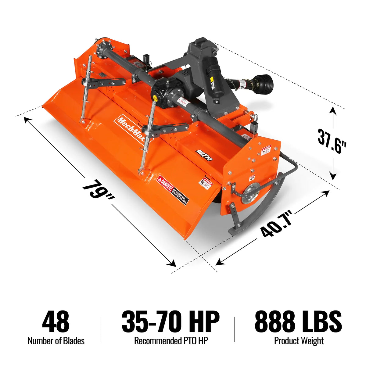 72 in Rotary Tiller, 3 Point Hitch Cat.1 & 2, Gear Drive, PTO Shaft Included with Slip Clutch, 35-70 HP, MRT72 - view 2